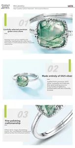 Macro detail of natural cushion cut moss agate stone set in polished S925 silver band