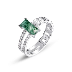 S925 silver chain ring with rectangular green moss agate and pave crystal accents