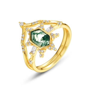 Unique hexagon moss agate ring set in gold plated S925 silver with crown layering design