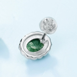 Oval natural moss agate stud earrings in S925 silver with elegant wave-edged setting