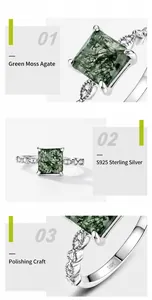 Detailed macro view of S925 sterling silver ring featuring square green moss agate stone