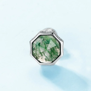 Octagon natural moss agate stud earrings in S925 sterling silver with green texture