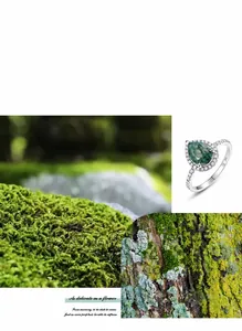Makro-Detail des Moosachat-Rings in Birnenform mit Silberfassung und Naturtexturen