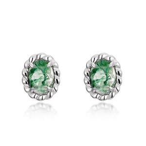 Elegant silver earrings featuring oval green moss agate with vintage twisted rope border