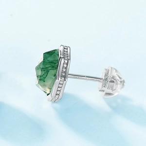 Natural moss agate stud earring with S925 sterling silver octagonal setting and silicone back