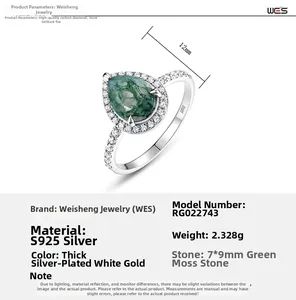 Detailansicht eines Moosachat-Rings in Tropfenform aus S925 Silber mit Diamant-Umrandung