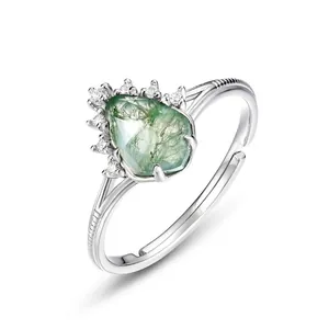 Bague Ajustable en Argent Sterling 925 avec Agate Mousse Naturelle pour Femme Bague Ouverte Vintage avec Zirconia Goutte d'Eau