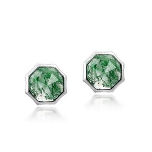 Octagon moss agate stud earrings in S925 sterling silver minimalist geometric jewelry