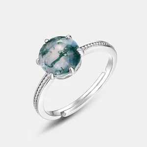 Vintage 925 Sterling Silver Moss Agate Open Ring For Women Minimalist Six Prong Green Agate Adjustable Fashion Jewelry Finger Ring