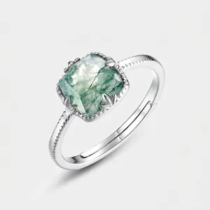 925 Sterling Silver Green Moss Agate Open Ring For Women Cushion Cut Natural Gemstone Retro Adjustable Finger Ring Jewelry