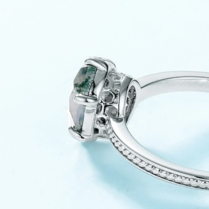 Natural Moss Agate S925 Silver Ring with intricate honeycomb cutouts and milgrain edge