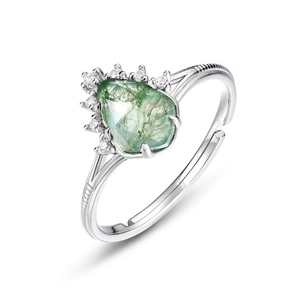 Bague en argent avec agate mousse en forme de goutte, zircons et anneau ouvert réglable