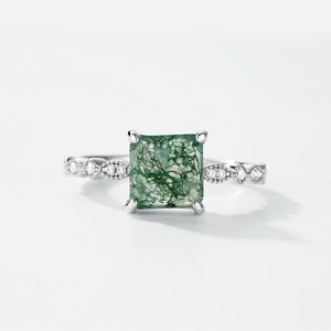 Square natural moss agate ring in S925 sterling silver with vintage marquise band