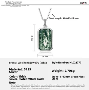 Detailed specs of geometric S925 silver necklace with rectangle green moss agate pendant