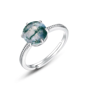Adjustable S925 silver ring with hexagonal set natural green moss agate stone