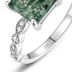 Square moss agate ring in S925 sterling silver with twisted band and accent stones