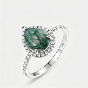 Vintage 925 Sterlingsilber Moos-Achat Halo Ring Für Damen Retro Birne Herz Schnitt Strass Eingelegt Mode Edelstein Ring