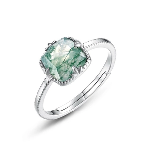 S925 sterling silver open ring featuring a cushion-cut green moss agate stone