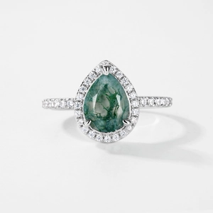 Moosachat-Ring in Birnenform aus 925er Sterlingsilber mit funkelnder Zirkon-Umrandung