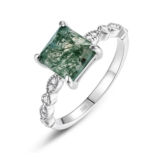 Square green moss agate ring in S925 sterling silver with twisted band and accent stones