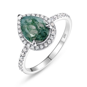 Moosachat Ring aus S925 Silber im Birnenschliff mit glitzernden Zirkonia Steinen