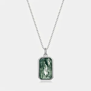 Elegant 925 Sterling Silver Natural Green Moss Agate Pendant Necklace For Women Geometric Inlaid Gemstone Jewelry For Banquet