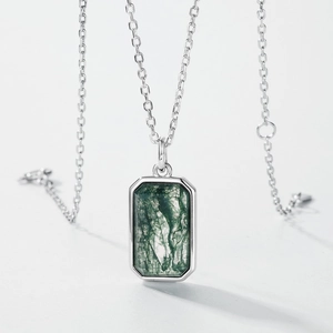 S925 silver necklace with rectangular green moss agate pendant in a minimalist style