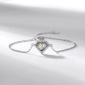S925 silver bracelet with pentagon-shaped natural moss agate stone and crystal pavé halo