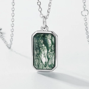 Rectangle moss agate pendant necklace with S925 sterling silver chain and base