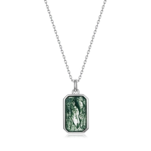 S925 sterling silver necklace with a rectangular green moss agate gemstone pendant