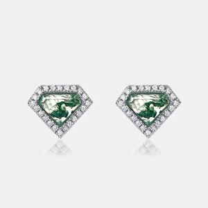 S925 Sterling Silver Green Moss Agate Stud Earrings Geometric Shield Shaped Zirconia Inlaid Elegant Jewelry For Women