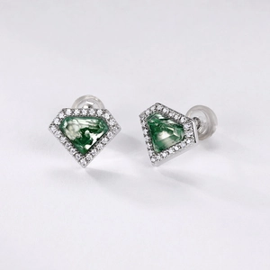 Luxe S925 silver stud earrings with moss agate stones and halo zircon accents