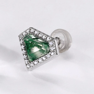 S925 silver stud earrings featuring shield-shaped green moss agate and zircon halo