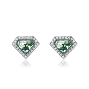 Pentagon natural green moss agate stud earrings with white zircon halo in silver