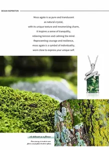 Macro detail of silver snake pendant with rectangle moss agate stone and natural texture