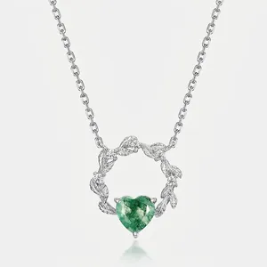 925 Sterling Silver Moss Agate Heart Wreath Pendant Necklace Fashion Elegant Green Stone Rhinestone Clavicle Chain Jewelry For Women