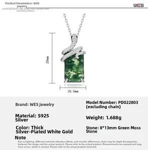 Detail view of S925 silver snake pendant with 8x13mm green moss agate and dimensions