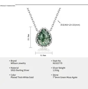 Macro detail of S925 silver necklace with teardrop green moss agate stone pendant