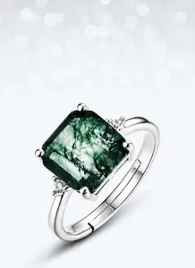 Macro shot of square cut natural green moss agate ring with polished S925 silver band