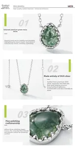 Detailed view of moss agate teardrop pendant with S925 silver and gold plating