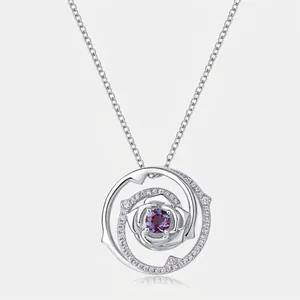 S925 Sterling Silver Rose Flower Pendant Alexandrite Necklace For Women Elegant Jewelry Pink Rhinestone Clavicle Chain