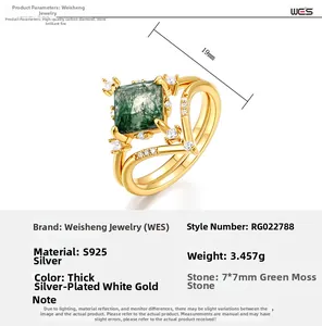 Détails de la bague en argent S925 avec agate mousse 7x7mm et zircons brillants