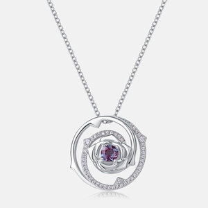 S925 silver rose pendant necklace with alexandrite stone and pink cubic zirconia