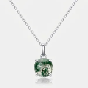 Natural Green Moss Agate Pendant Necklace 925 Sterling Silver Round Gemstone Minimalist Fine Jewelry Gift For Women
