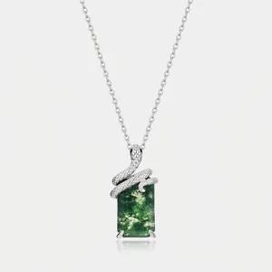 Vintage 925 Sterling Silver Snake Wrap Moss Agate Pendant Necklace For Women Natural Moss Stone Green Gemstone Neck Jewelry