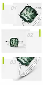 Macro view of square moss agate stone on S925 sterling silver adjustable ring band