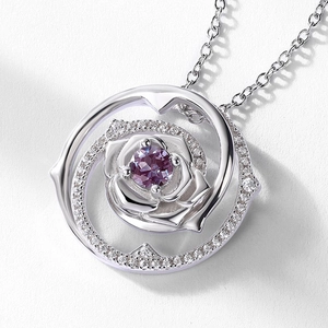 Exquisite S925 silver rose pendant necklace with purple alexandrite stone and halo crystal