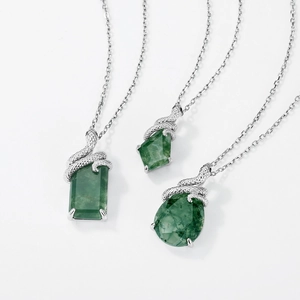 S925 silver snake necklaces with rectangular, kite, and pear green moss agate pendants