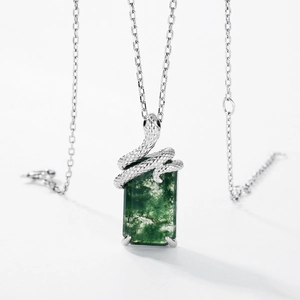 Luxurious S925 silver necklace with a moss agate pendant wrapped in a silver snake design