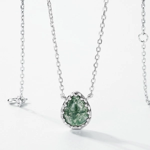 Natural moss agate teardrop necklace in S925 sterling silver with a floral metal border